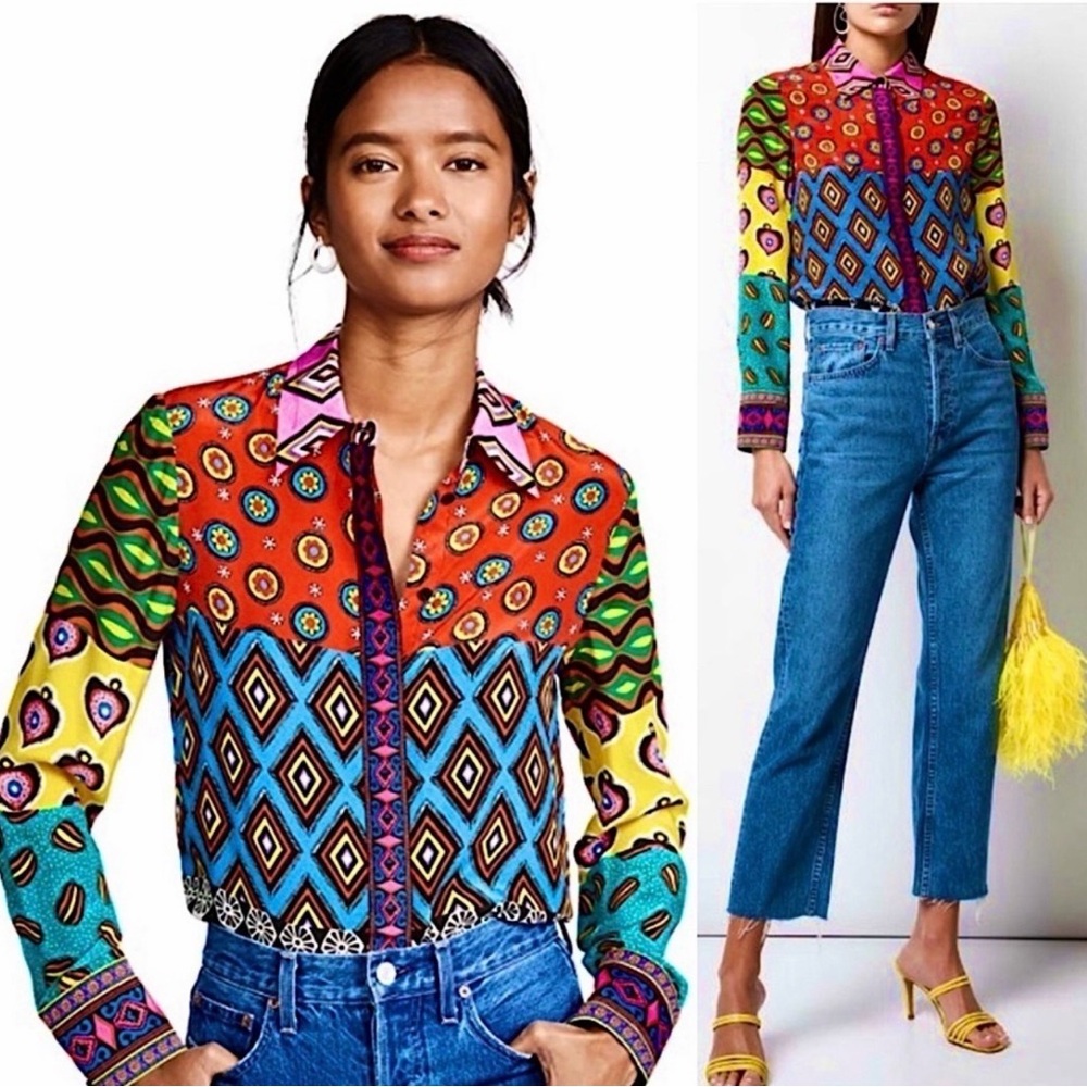 ALICE OLIVIA Silk Colorblock Patchwork Print Long Sleeve Embroidered Trim Top XS